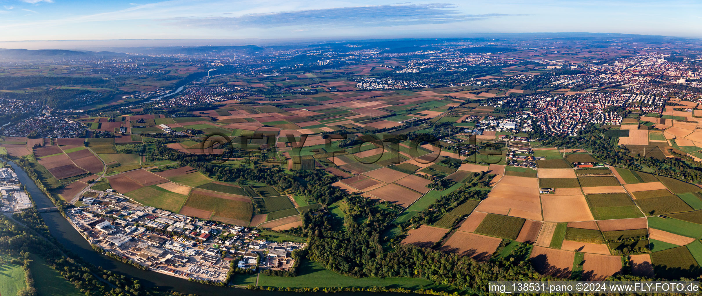 Neckar Panorama Oberwiesen to S in the district Oßweil in Ludwigsburg in the state Baden-Wuerttemberg, Germany