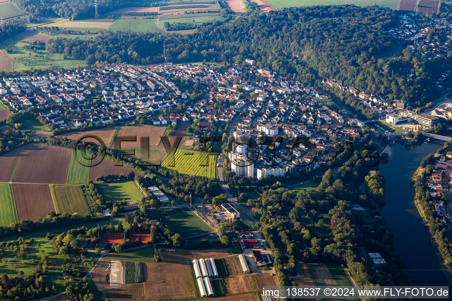 From the north in the district Neckarrems in Remseck am Neckar in the state Baden-Wuerttemberg, Germany