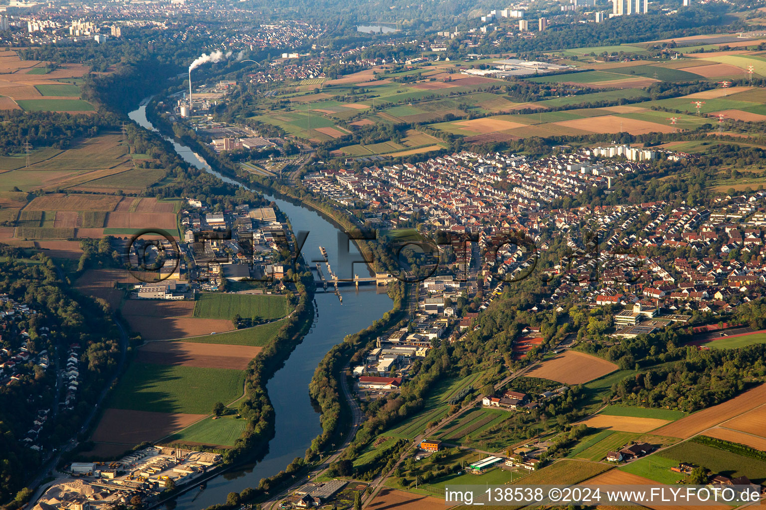 Weir bridge over the Neckar at the lock Aldingen in the district Aldingen in Remseck am Neckar in the state Baden-Wuerttemberg, Germany