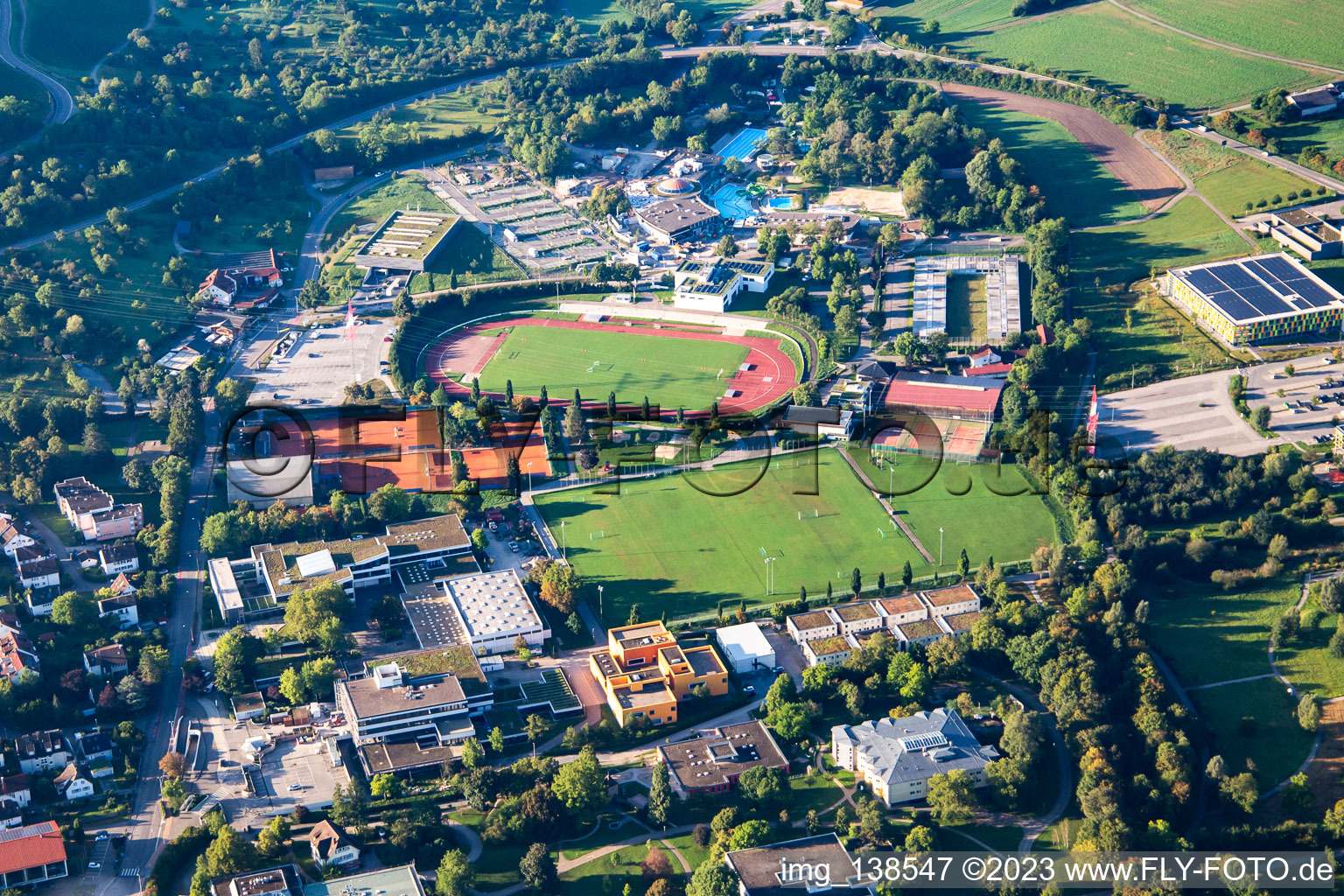 Aerial view of Sportpark SV Winnenden 1848 eV and FC Winnenden eV in Winnenden in the state Baden-Wuerttemberg, Germany