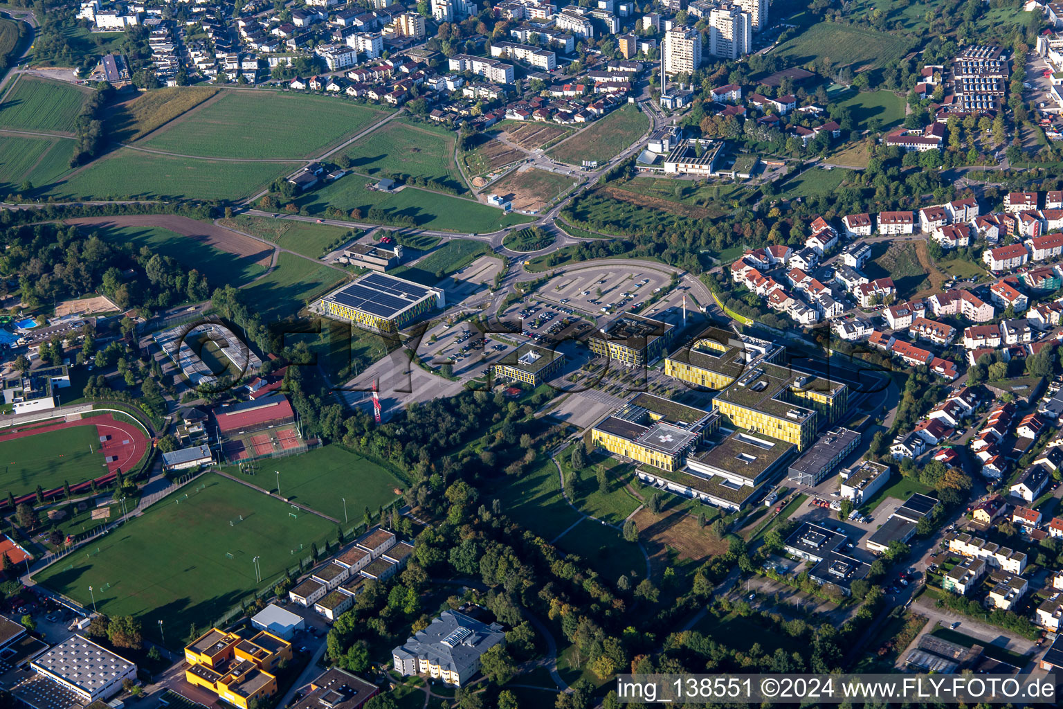 Aerial view of Rems-Murr Clinics and AWO Kinderhaus Zipfelbach in Winnenden in the state Baden-Wuerttemberg, Germany