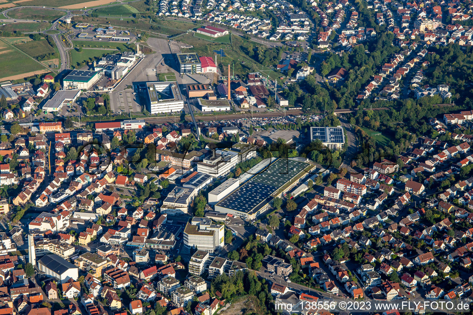 Aerial view of Alfred Kärcher GmbH & Co. KG in Winnenden in the state Baden-Wuerttemberg, Germany