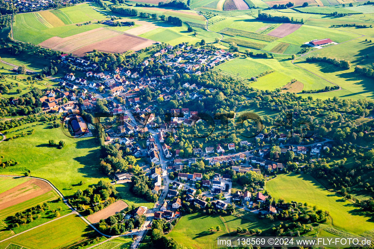 Aerial view of District Heutensbach in Allmersbach im Tal in the state Baden-Wuerttemberg, Germany