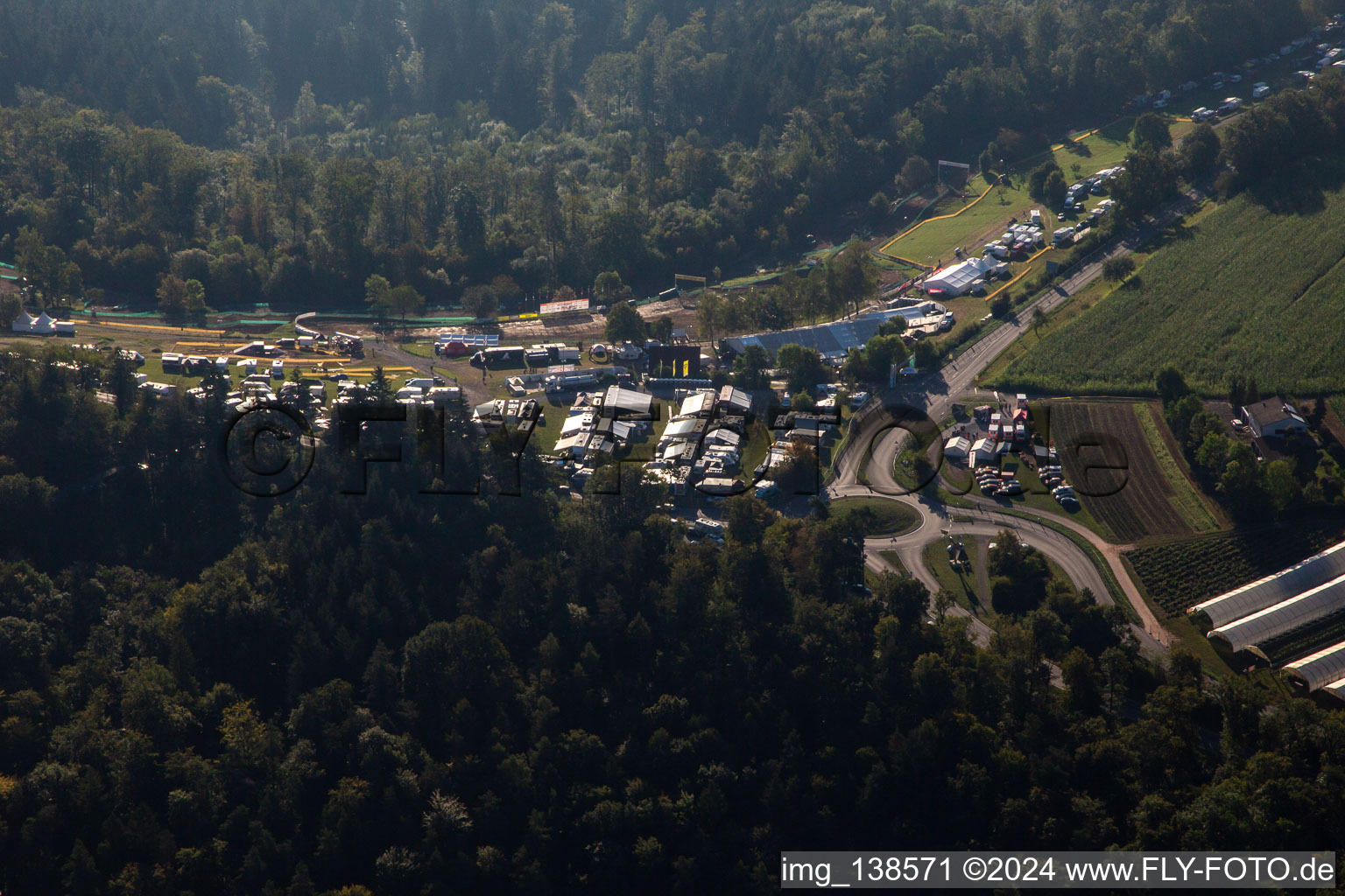 Aerial view of 61st Rudersberger Sidecar Motocross 2023 FIM SIDECARCROSS WORLD CHAMPIONSHIP of the MSC Wieslauftal eV Motocross in the district Königsbronnhof in Rudersberg in the state Baden-Wuerttemberg, Germany