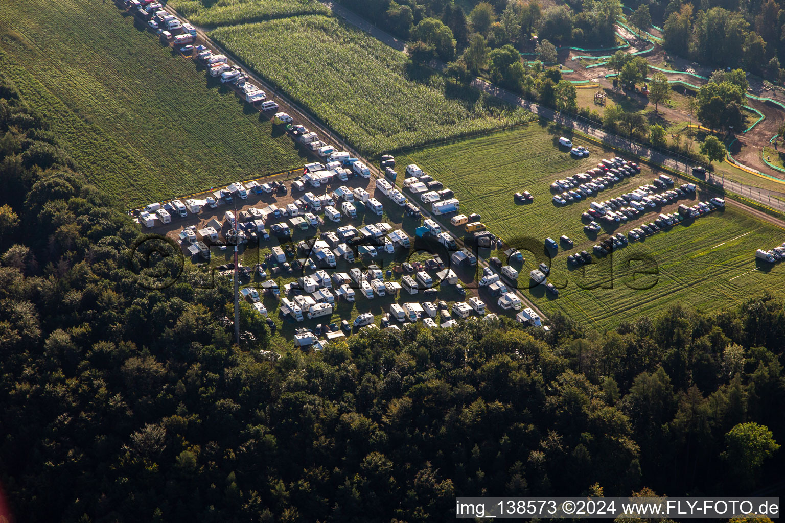 Aerial photograpy of 61st Rudersberger Sidecar Motocross 2023 FIM SIDECARCROSS WORLD CHAMPIONSHIP of the MSC Wieslauftal eV Motocross in the district Königsbronnhof in Rudersberg in the state Baden-Wuerttemberg, Germany