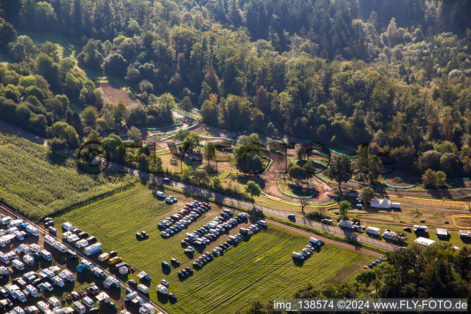 Oblique view of 61st Rudersberger Sidecar Motocross 2023 FIM SIDECARCROSS WORLD CHAMPIONSHIP of the MSC Wieslauftal eV Motocross in the district Königsbronnhof in Rudersberg in the state Baden-Wuerttemberg, Germany