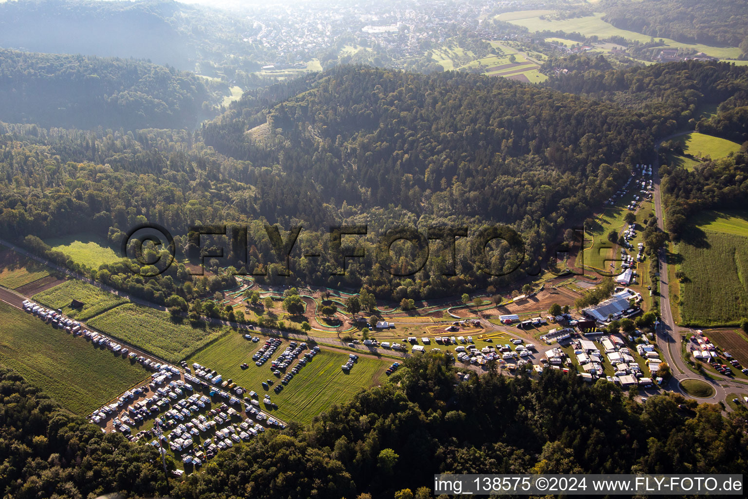 61st Rudersberger Sidecar Motocross 2023 FIM SIDECARCROSS WORLD CHAMPIONSHIP of the MSC Wieslauftal eV Motocross in the district Königsbronnhof in Rudersberg in the state Baden-Wuerttemberg, Germany from above