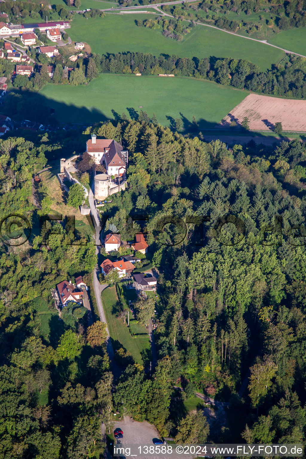 Aerial view of Ebersberg Castle in the district Lippoldsweiler in Auenwald in the state Baden-Wuerttemberg, Germany