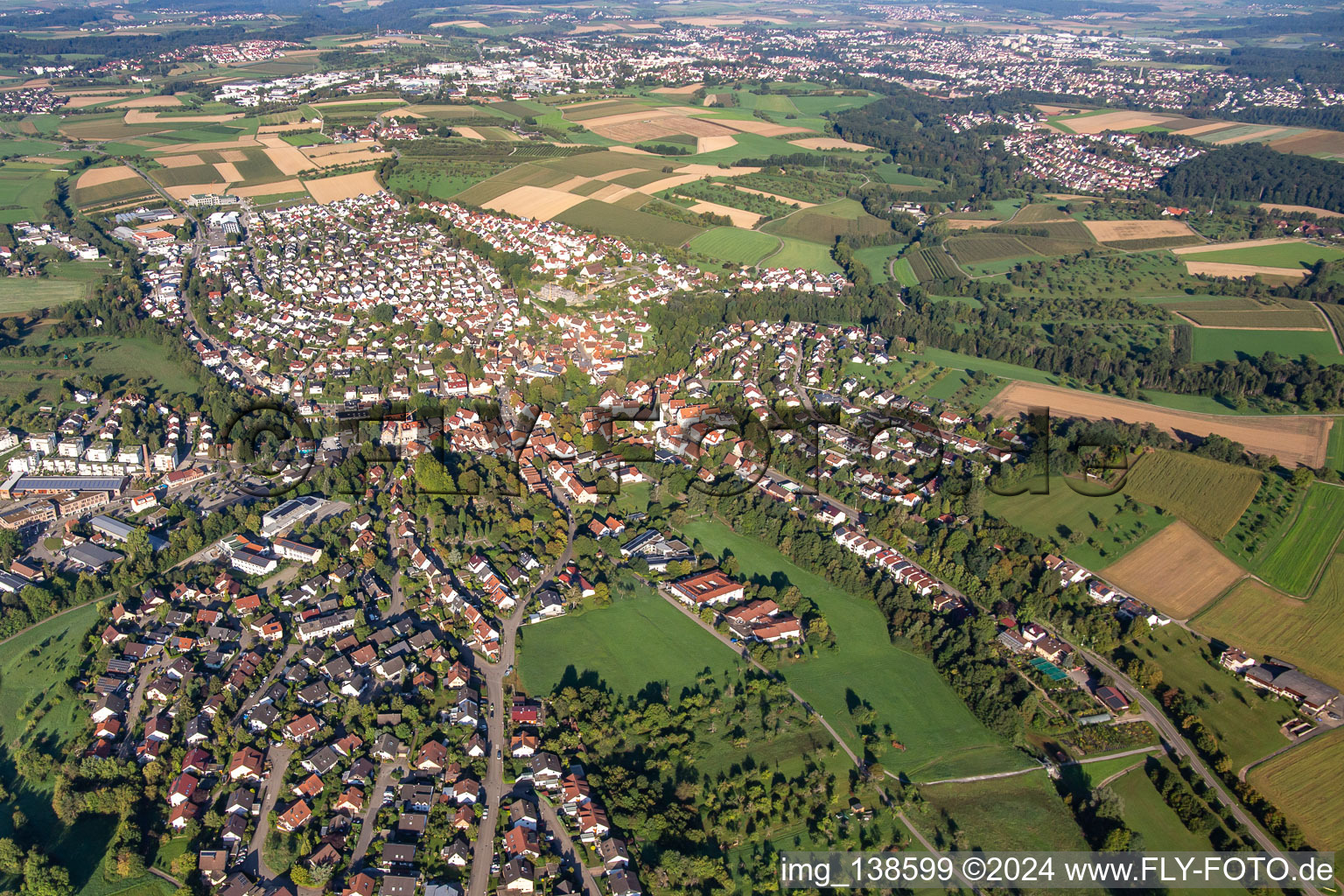 Aerial view of District Unterweissach in Weissach im Tal in the state Baden-Wuerttemberg, Germany