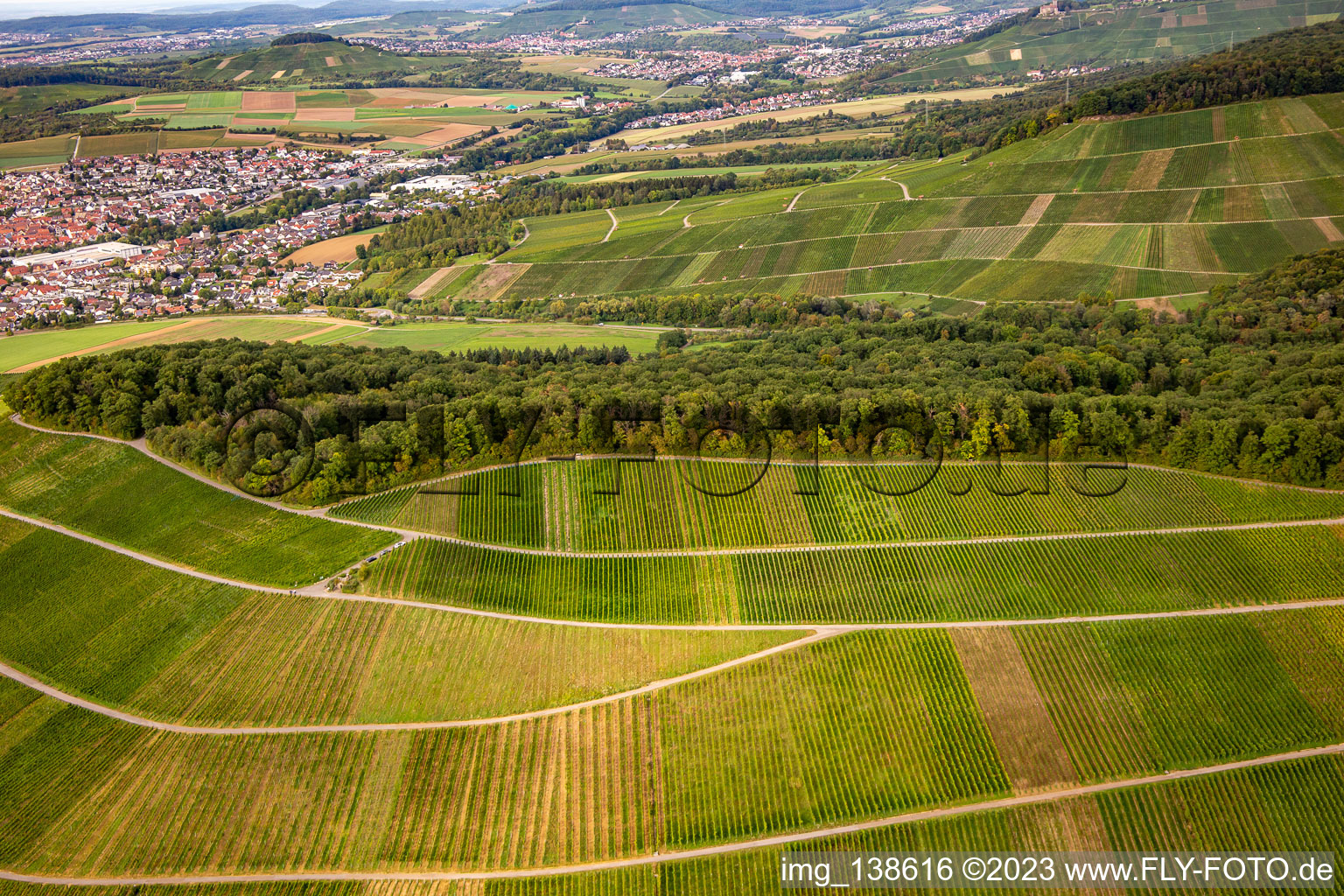 Aerial photograpy of Großbottwar vineyard in the district Kleinbottwar in Steinheim an der Murr in the state Baden-Wuerttemberg, Germany