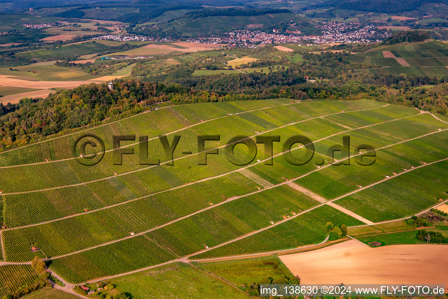 Aerial view of Wunnenstein vineyard in the district Winzerhausen in Großbottwar in the state Baden-Wuerttemberg, Germany