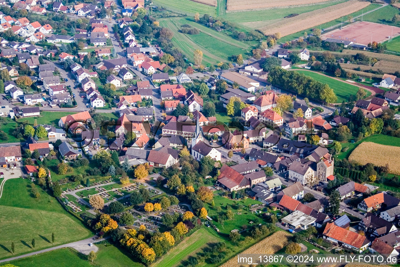 Village - view on the edge of agricultural fields and farmland in the district Legelshurst in Willstaett in the state Baden-Wurttemberg, Germany