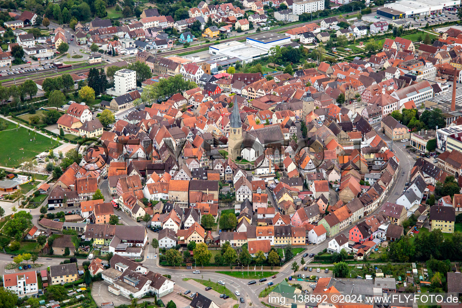 Aerial view of Historic old town with Church of Our Lady in Eppingen in the state Baden-Wuerttemberg, Germany