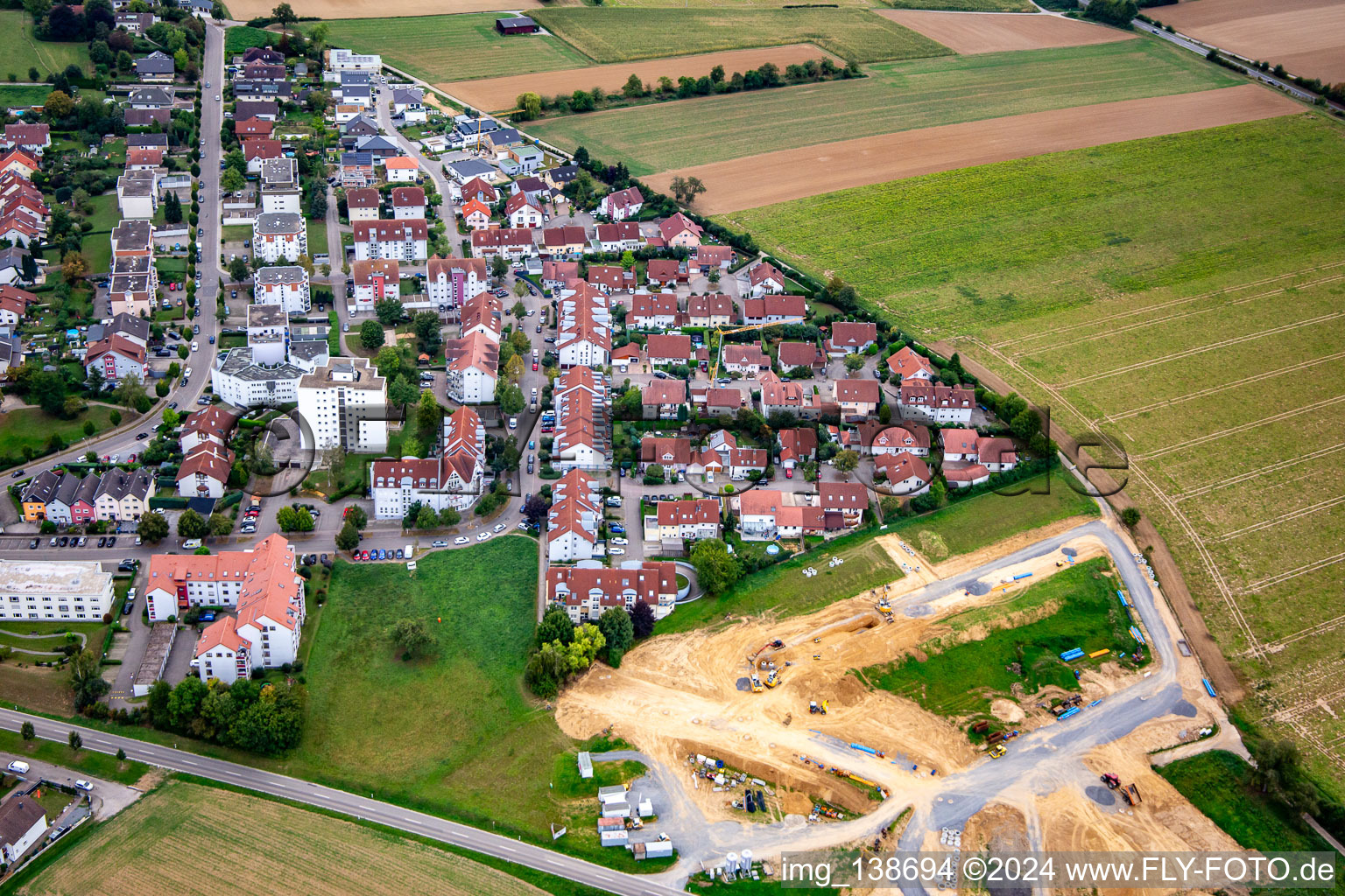 Aerial view of New development area Am Pfaffenberg in Eppingen in the state Baden-Wuerttemberg, Germany