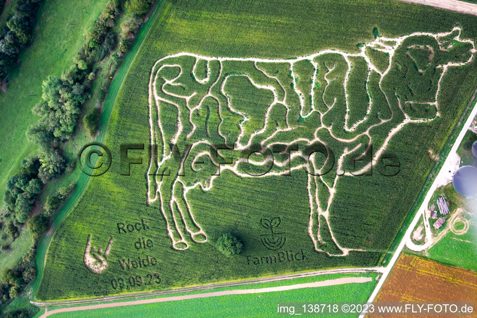 Aerial photograpy of Corn labyrinth at the Lämmle-Hofmann dairy farm in the district Flehingen in Oberderdingen in the state Baden-Wuerttemberg, Germany