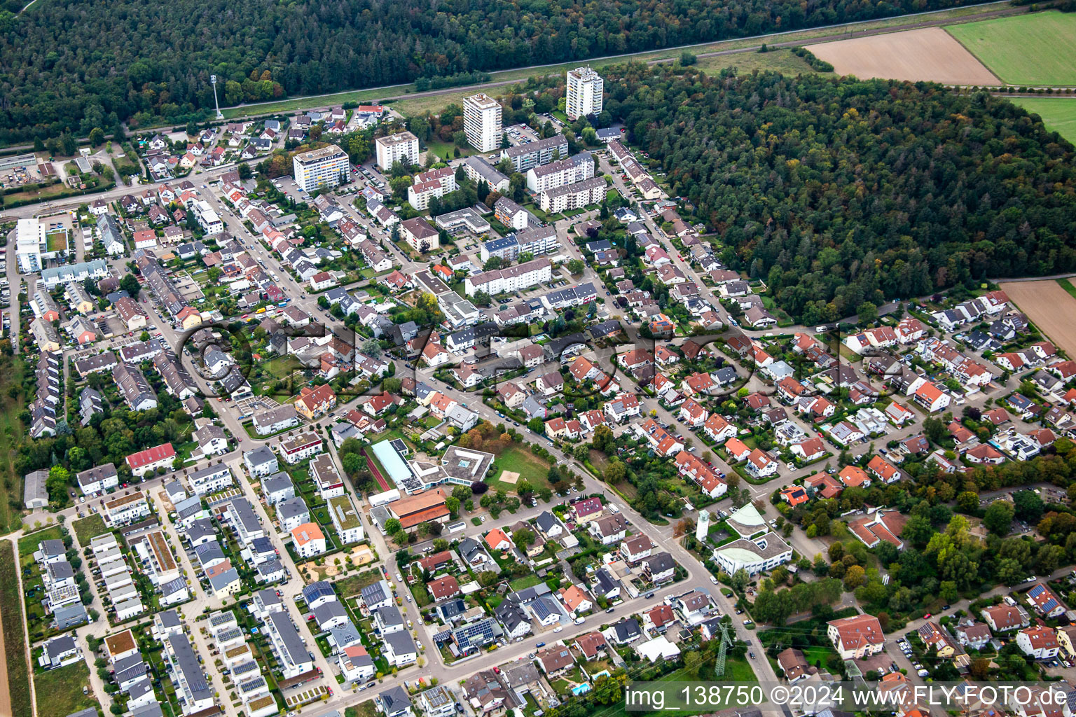 Oblique view of District Büchig in Stutensee in the state Baden-Wuerttemberg, Germany