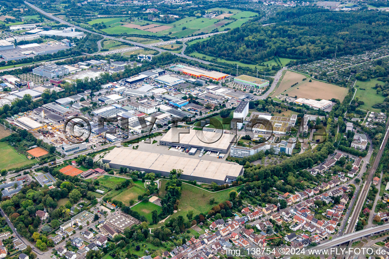 District Hagsfeld in Karlsruhe in the state Baden-Wuerttemberg, Germany seen from above