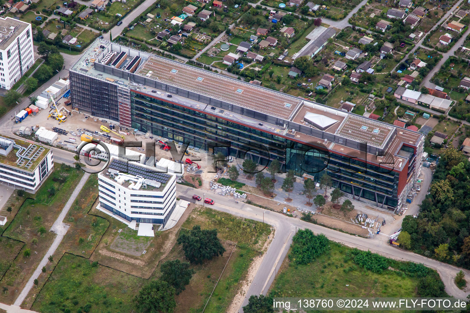 Aerial view of New building in the technology park Karlsruhe in the district Rintheim in Karlsruhe in the state Baden-Wuerttemberg, Germany