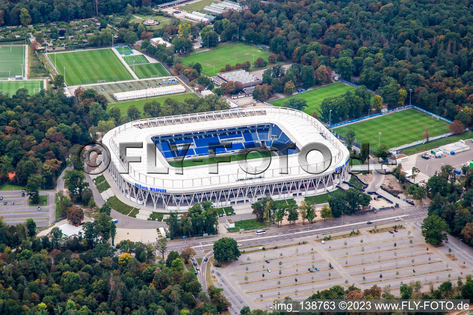 Aerial view of Completed BBBank Stadium Wildpark of the Karlsruher Sport-Club eV in the district Innenstadt-Ost in Karlsruhe in the state Baden-Wuerttemberg, Germany
