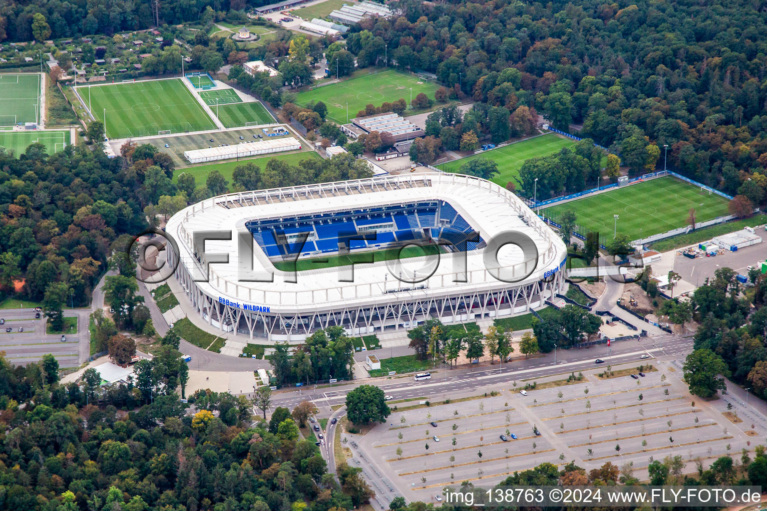 Aerial view of Completed BBBank Stadium Wildpark of Karlsruher Sport-Club eV in the district Innenstadt-Ost in Karlsruhe in the state Baden-Wuerttemberg, Germany