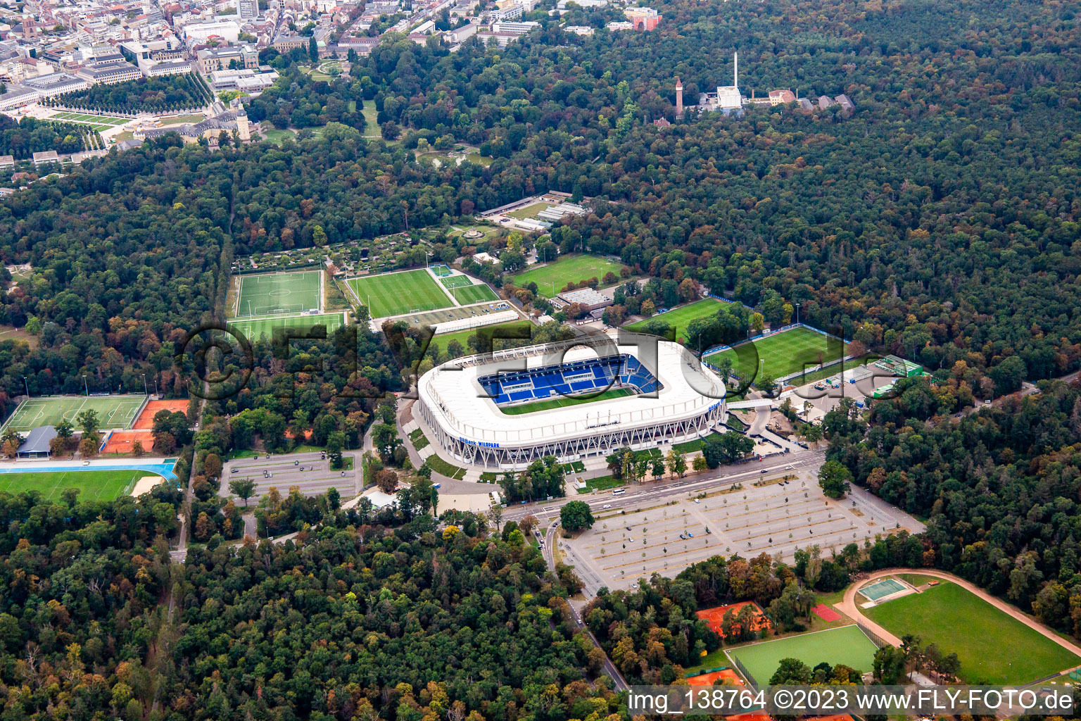 Aerial photograpy of Completed BBBank Stadium Wildpark of the Karlsruher Sport-Club eV in the district Innenstadt-Ost in Karlsruhe in the state Baden-Wuerttemberg, Germany