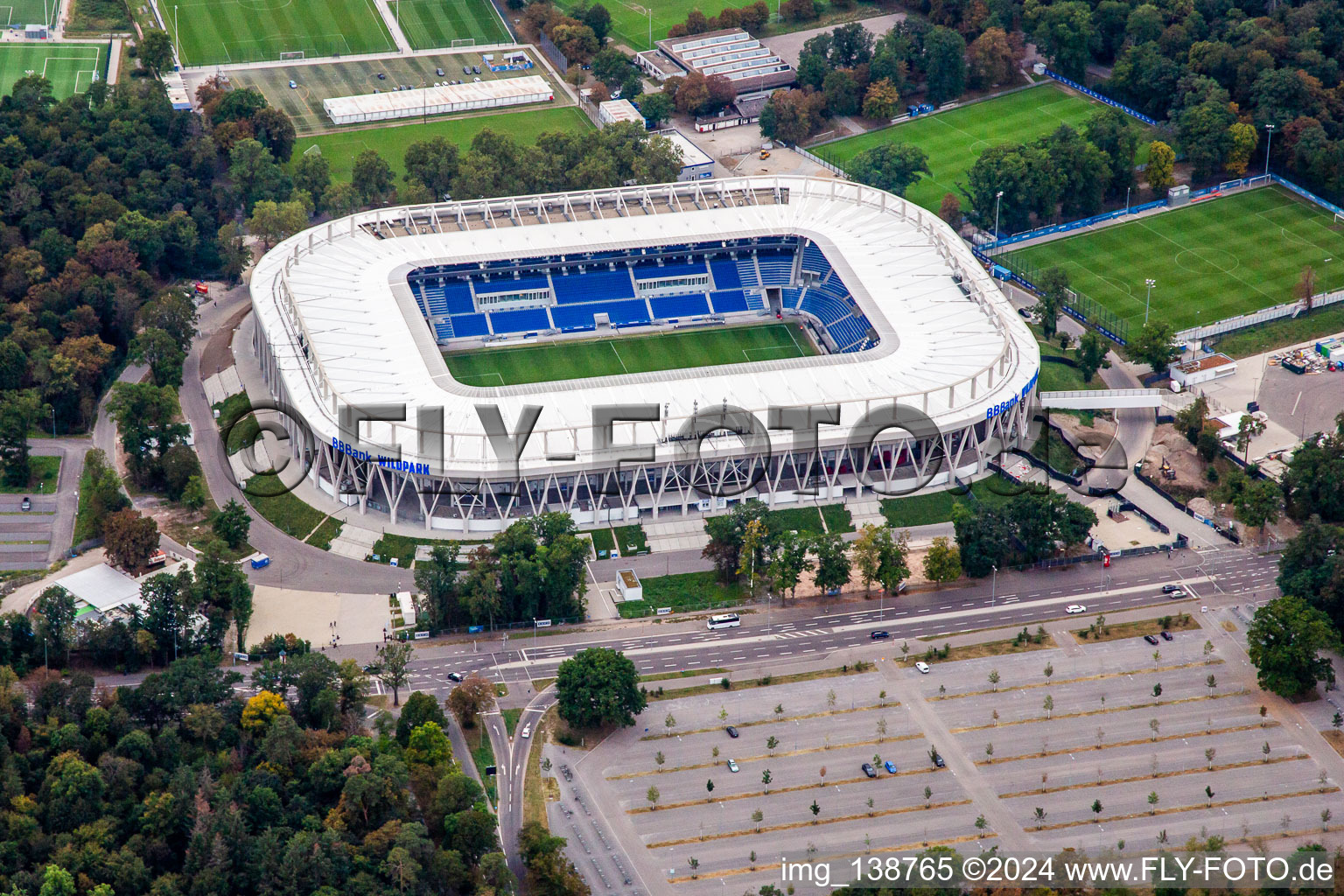 Oblique view of Completed BBBank Stadium Wildpark of Karlsruher Sport-Club eV in the district Innenstadt-Ost in Karlsruhe in the state Baden-Wuerttemberg, Germany