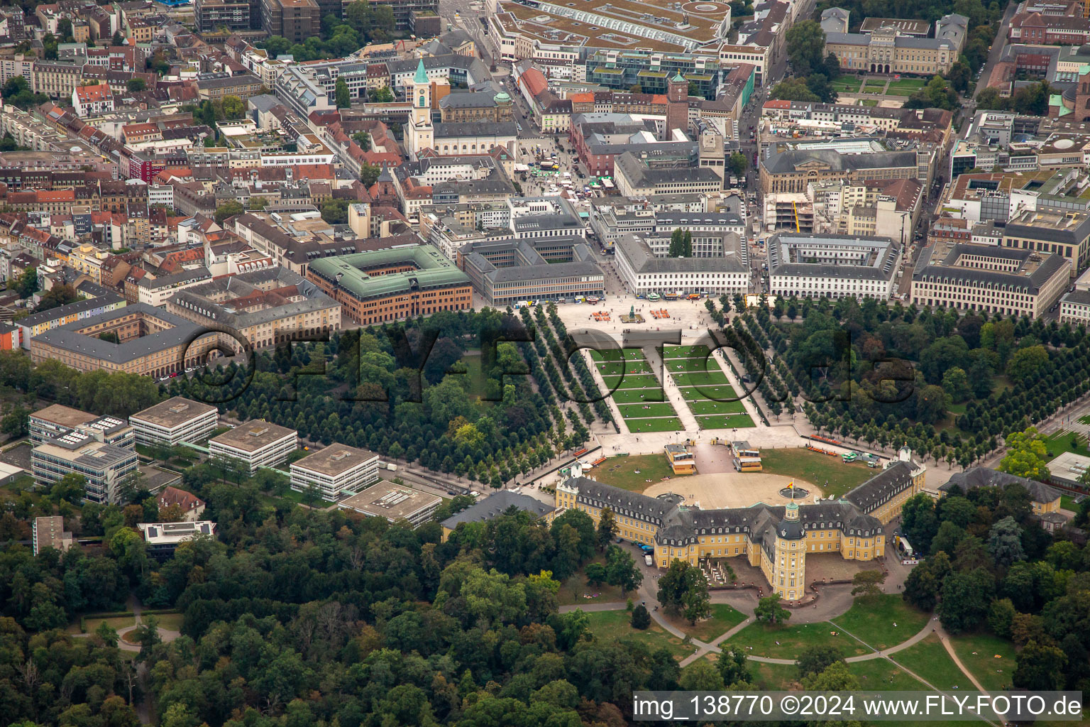 Castle Square in the district Innenstadt-West in Karlsruhe in the state Baden-Wuerttemberg, Germany seen from above