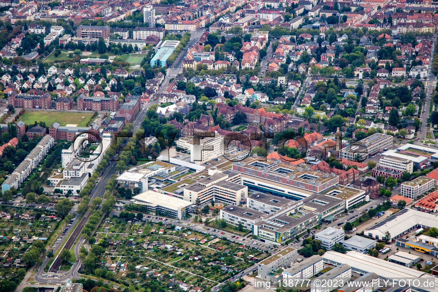 Municipal hospital Karlsruhe in the district Nordweststadt in Karlsruhe in the state Baden-Wuerttemberg, Germany from above