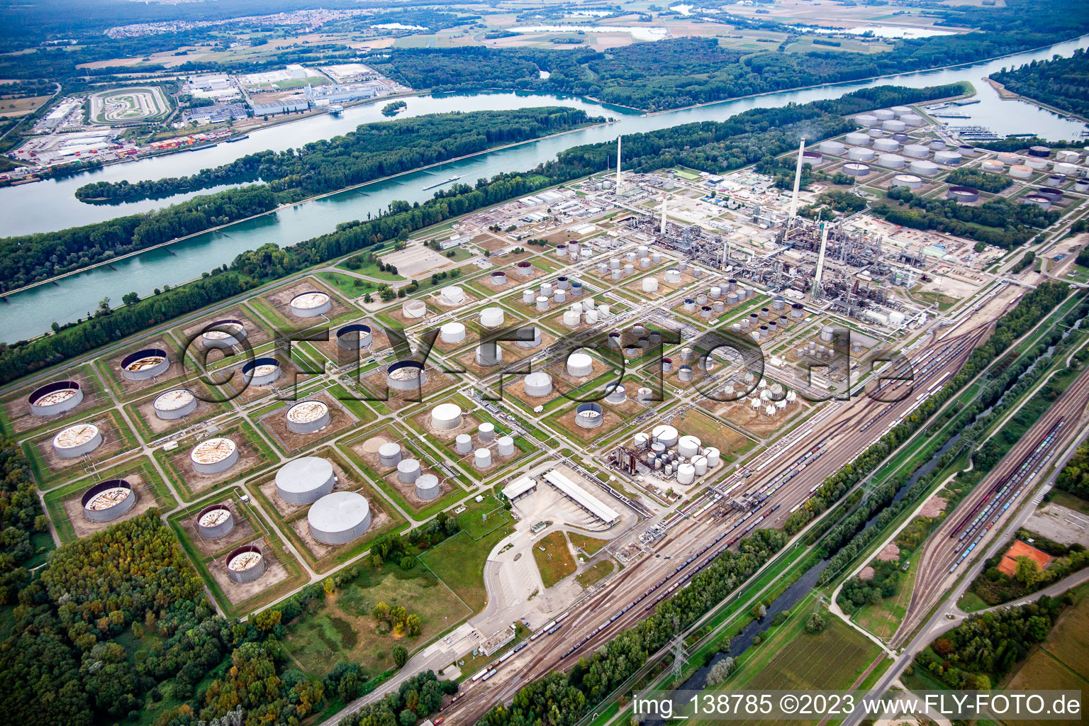 Aerial view of Upper Rhine mineral oil refinery in the district Knielingen in Karlsruhe in the state Baden-Wuerttemberg, Germany