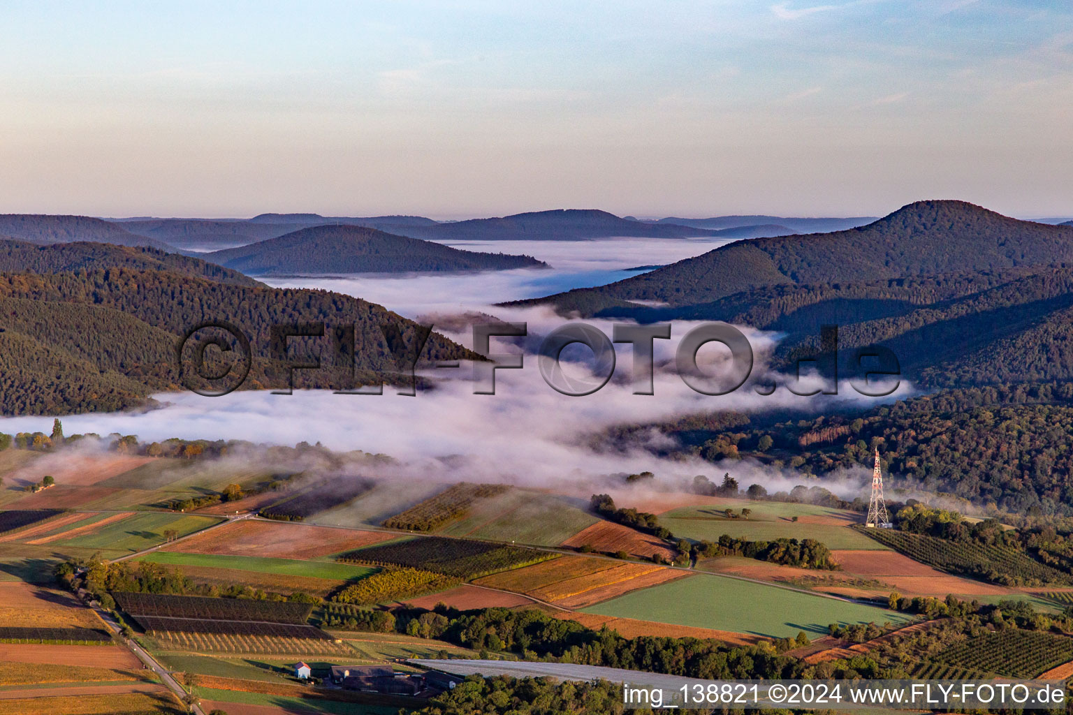 Wieslautertal under morning fog in the district Weiler in Wissembourg in the state Bas-Rhin, France