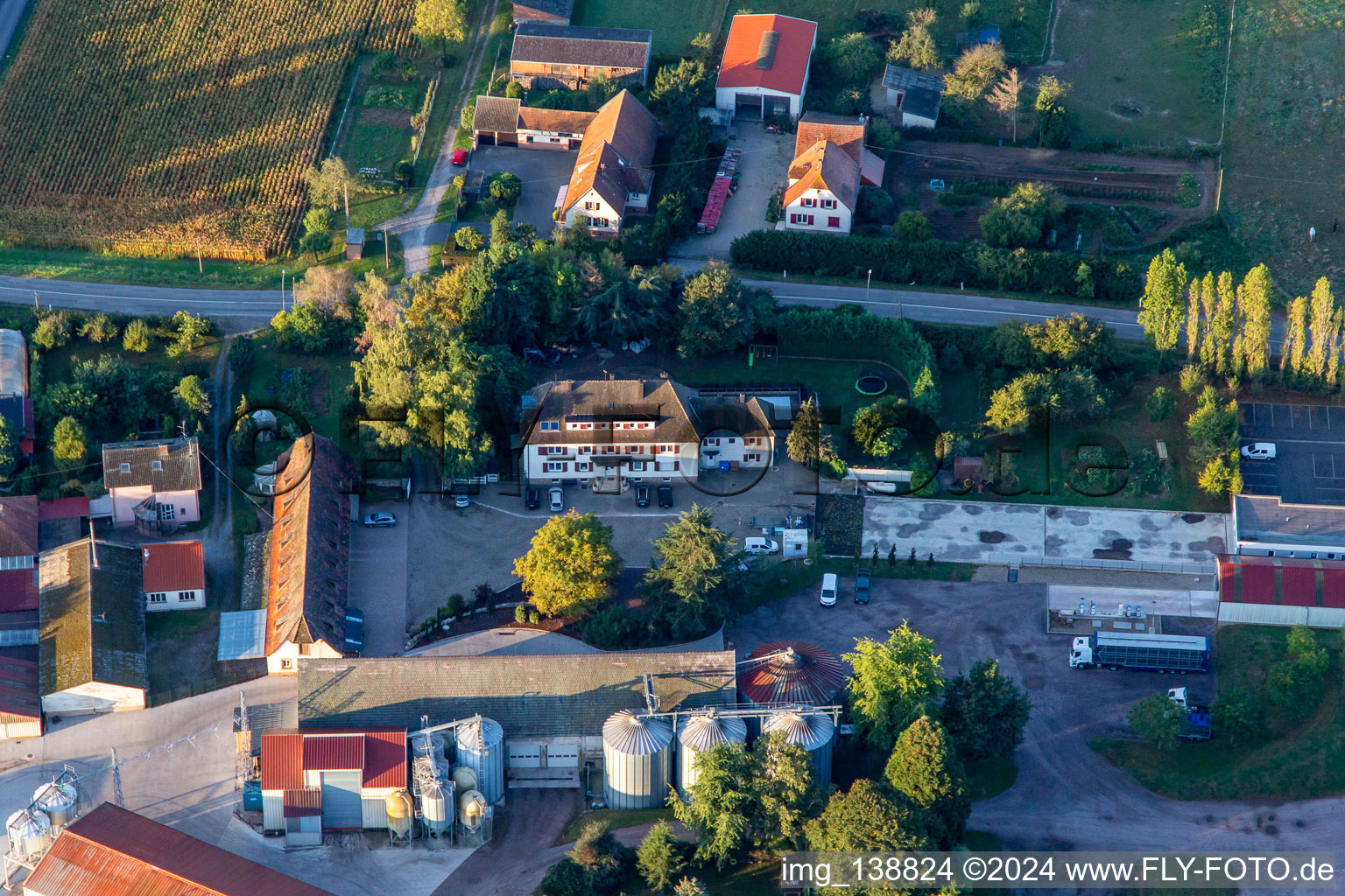 Aerial view of Schafbusch Farm in Steinseltz in the state Bas-Rhin, France