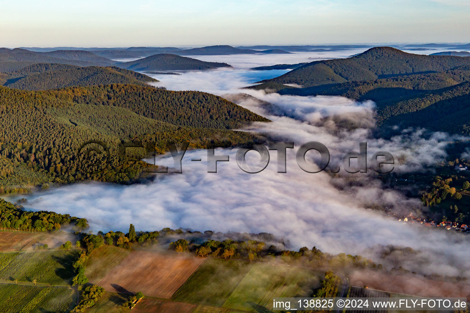 Wieslautertal under morning fog in Bobenthal in the state Rhineland-Palatinate, Germany