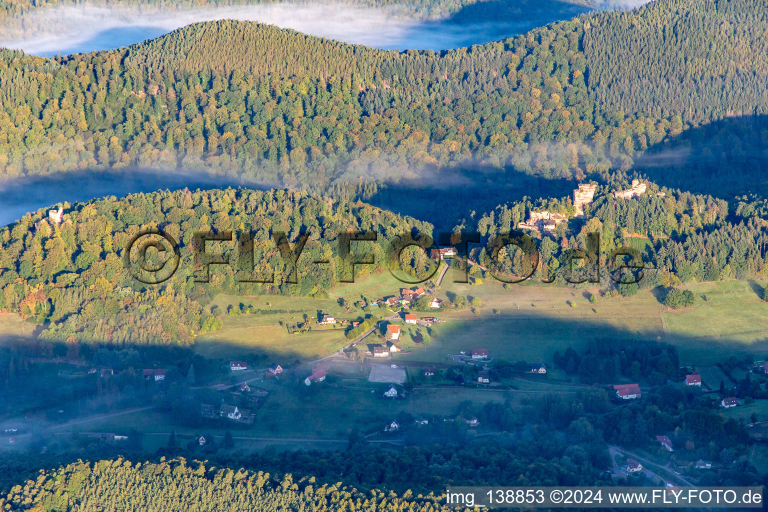 Aerial view of Château du Vieux-Windstein in Windstein in the state Bas-Rhin, France