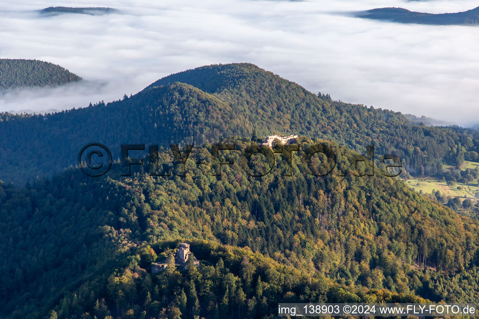 Aerial view of Château de Lœwenstein and Wegelnburg in Wingen in the state Bas-Rhin, France