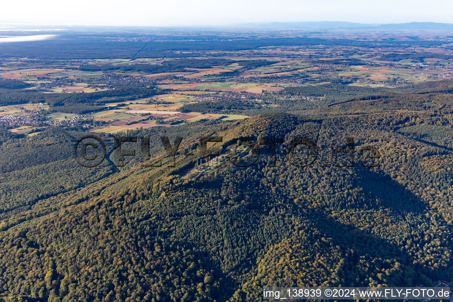 Aerial view of Radar antennas on Pfaffenschlick in Soultz-sous-Forêts in the state Bas-Rhin, France