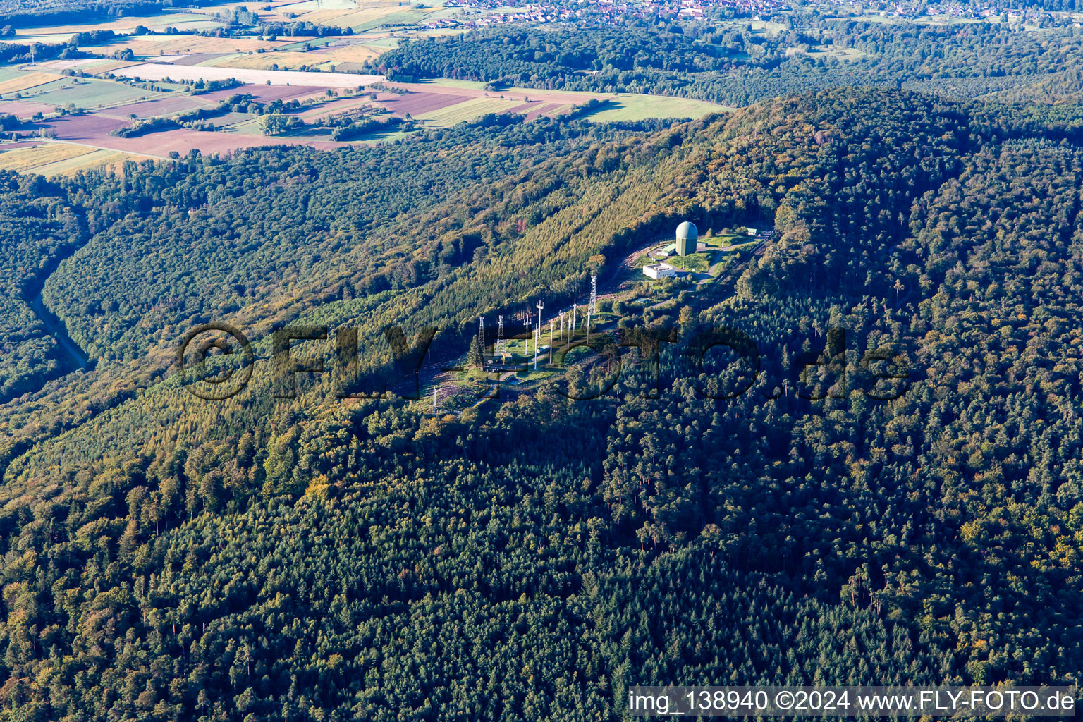 Aerial photograpy of Radar antennas at Pfaffenschlick in Soultz-sous-Forêts in the state Bas-Rhin, France