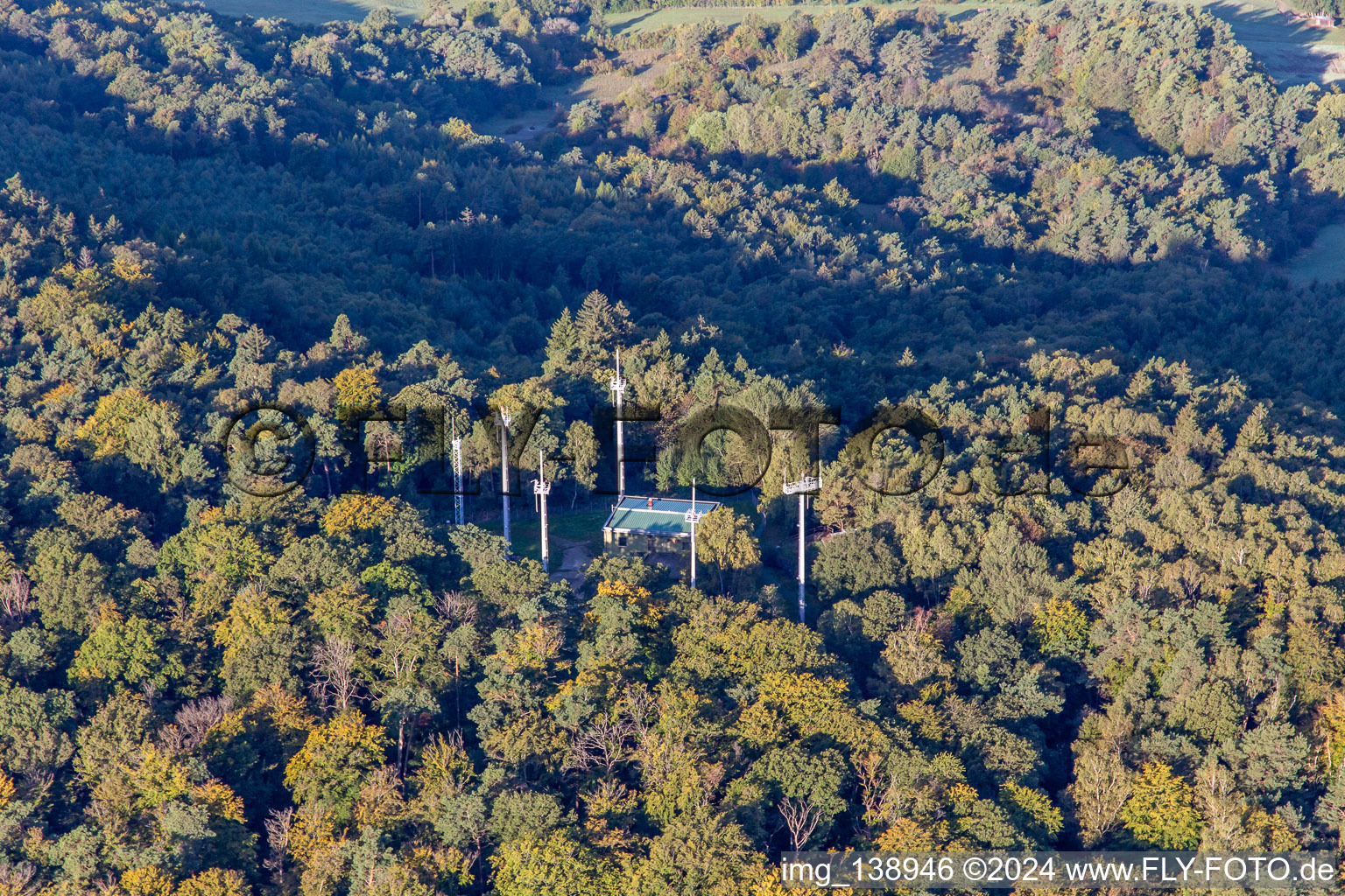 Aerial photograpy of Radar antennas at the Col de Stiefelsberg in Cleebourg in the state Bas-Rhin, France