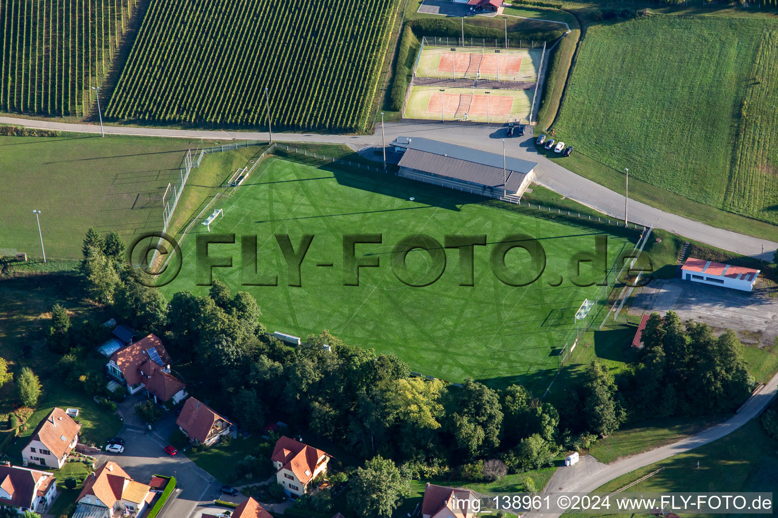 Aerial view of Clubhouse Football Club in Steinseltz in the state Bas-Rhin, France