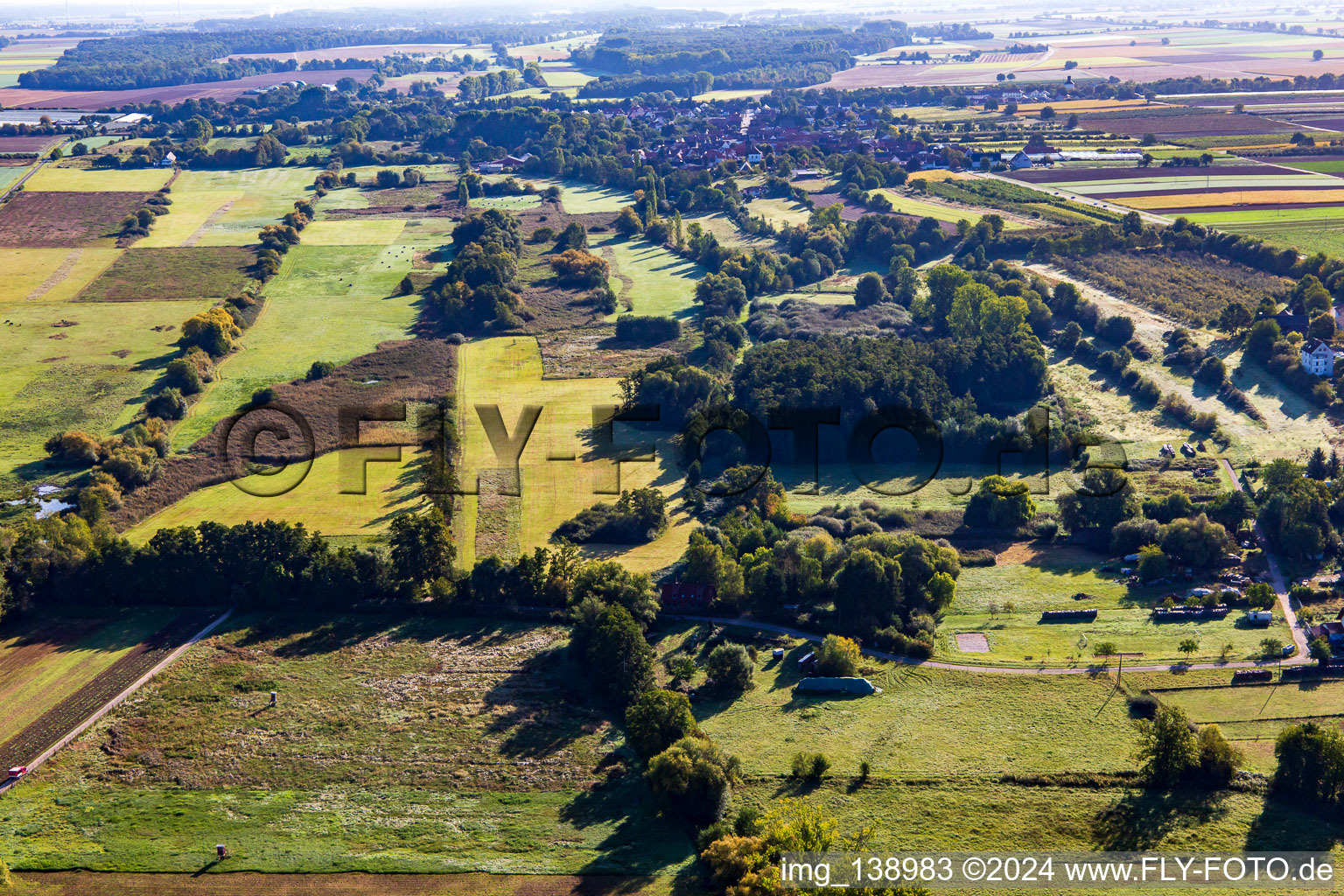 Aerial view of Billigheimer Bruch nature reserve from the west in the district Mühlhofen in Billigheim-Ingenheim in the state Rhineland-Palatinate, Germany