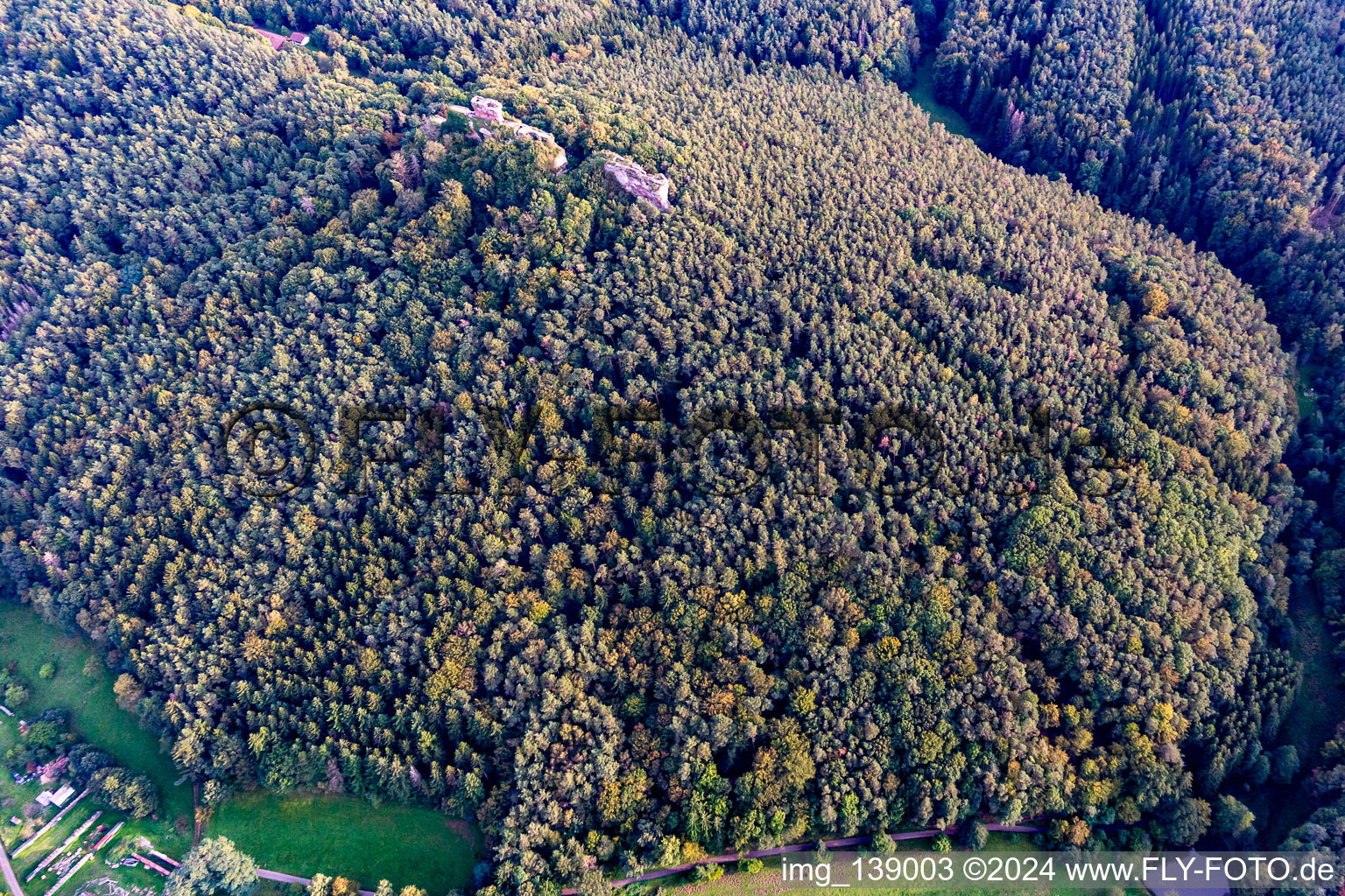 Aerial view of Drachenfels Castle in Busenberg in the state Rhineland-Palatinate, Germany