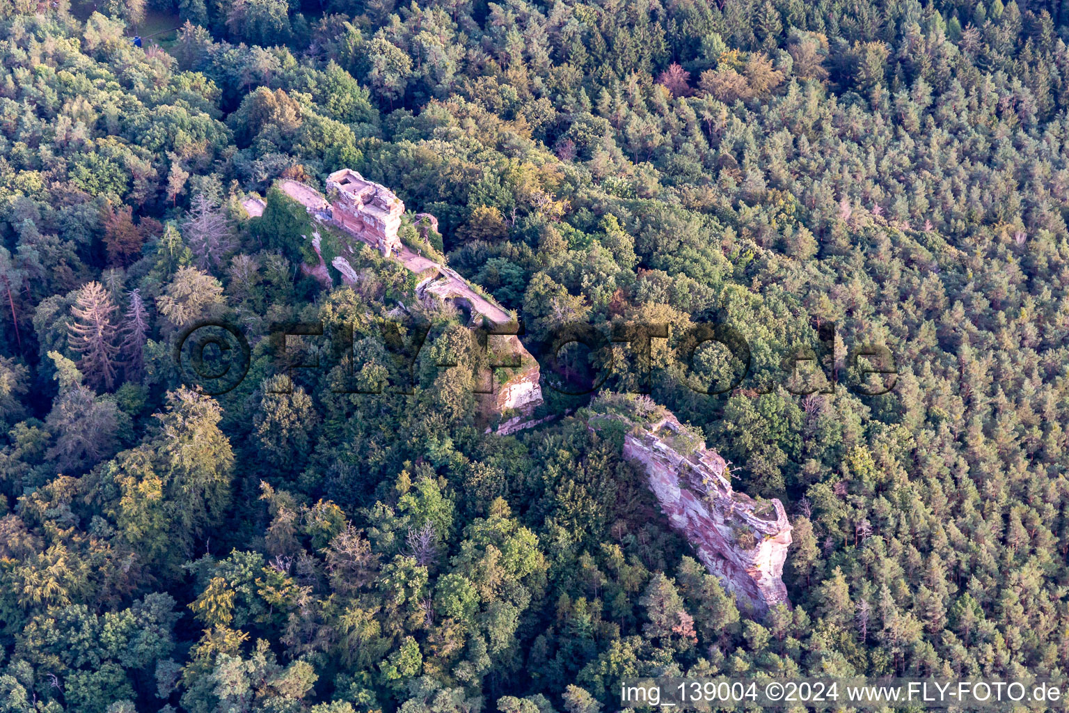 Aerial photograpy of Drachenfels Castle in Busenberg in the state Rhineland-Palatinate, Germany