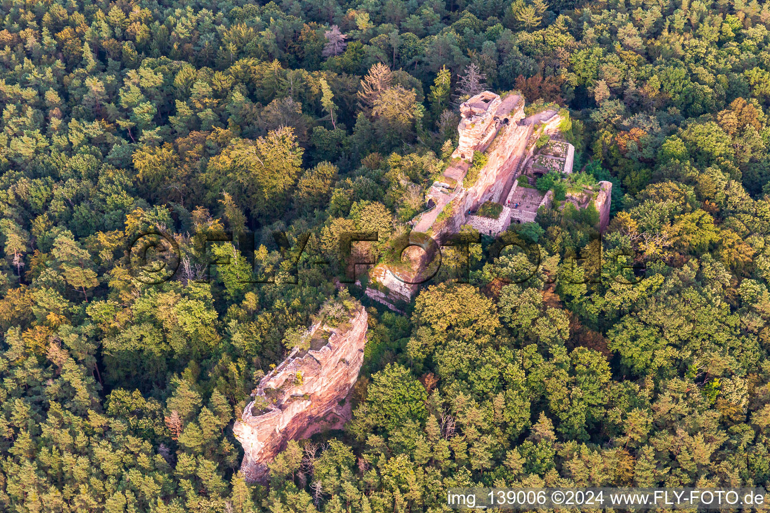 Oblique view of Drachenfels Castle in Busenberg in the state Rhineland-Palatinate, Germany