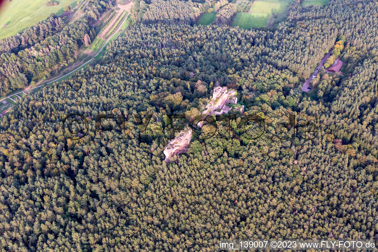 Drachenfels Castle in Busenberg in the state Rhineland-Palatinate, Germany from above