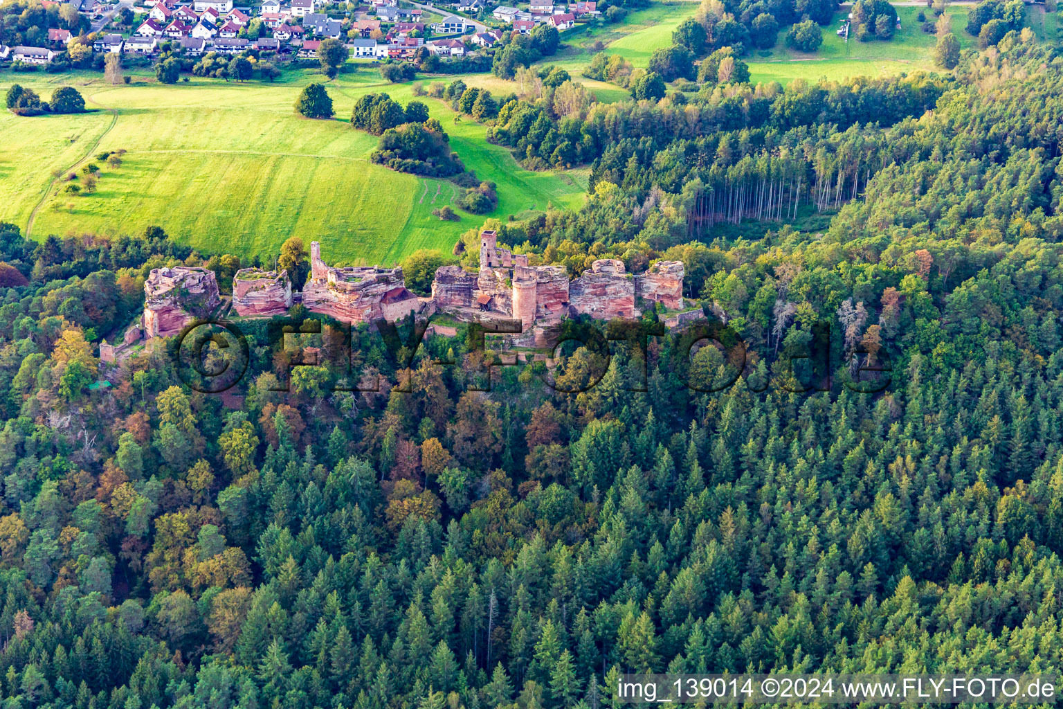 Altdahn castle massif with the Grafendahn and Tanstein castle ruins in Dahn in the state Rhineland-Palatinate, Germany