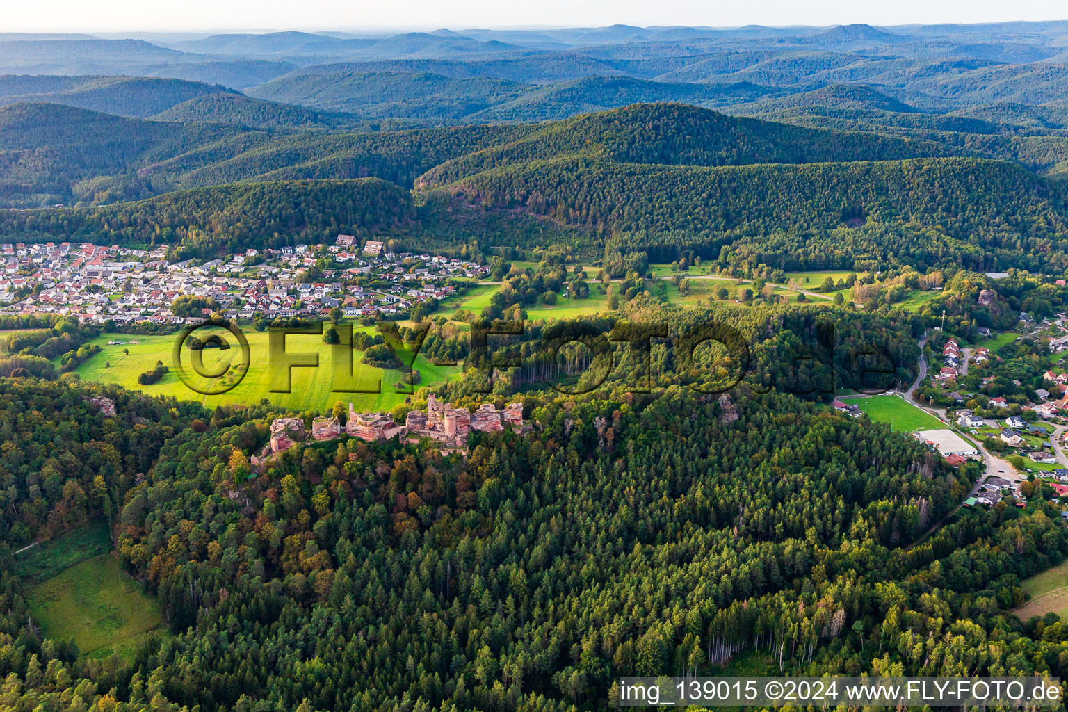 Aerial view of Altdahn castle massif with the castle ruins of Grafendahn and Tanstein in Dahn in the state Rhineland-Palatinate, Germany