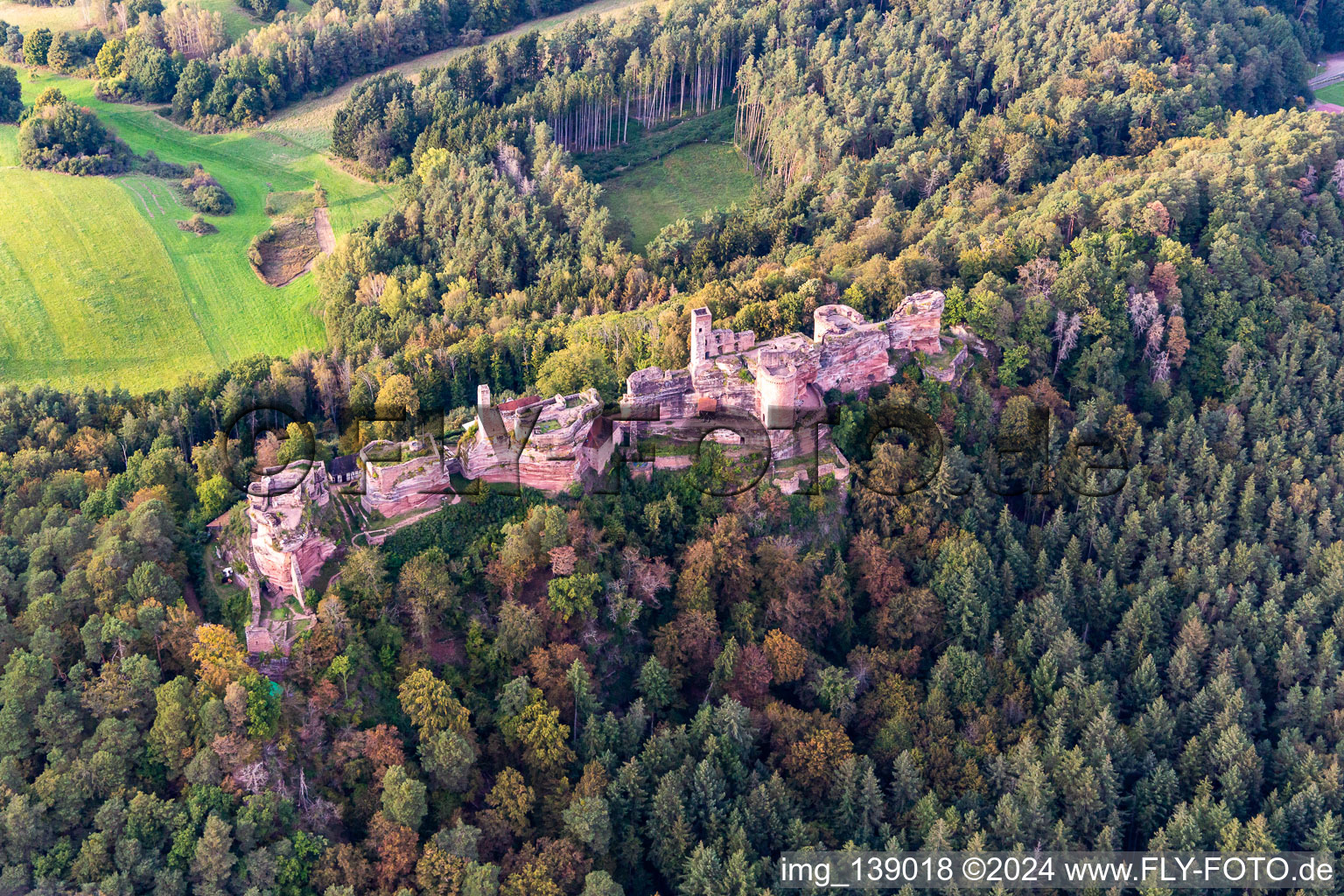 Oblique view of Altdahn castle massif with the castle ruins of Grafendahn and Tanstein in Dahn in the state Rhineland-Palatinate, Germany