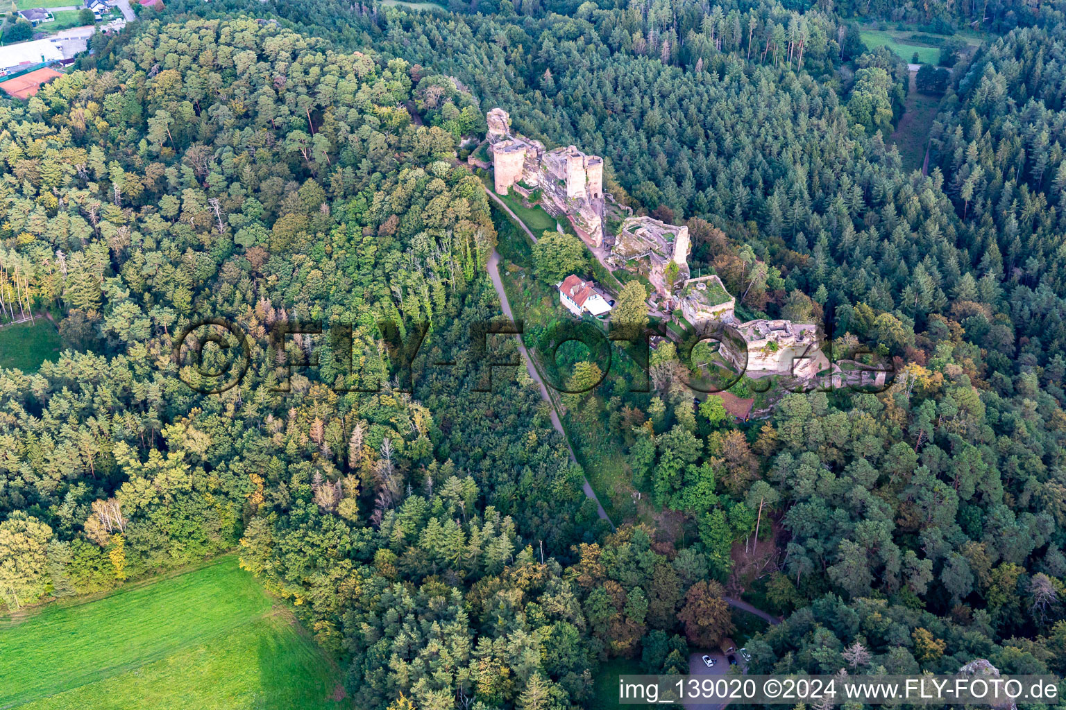 Altdahn castle massif with the castle ruins of Grafendahn and Tanstein in Dahn in the state Rhineland-Palatinate, Germany from above