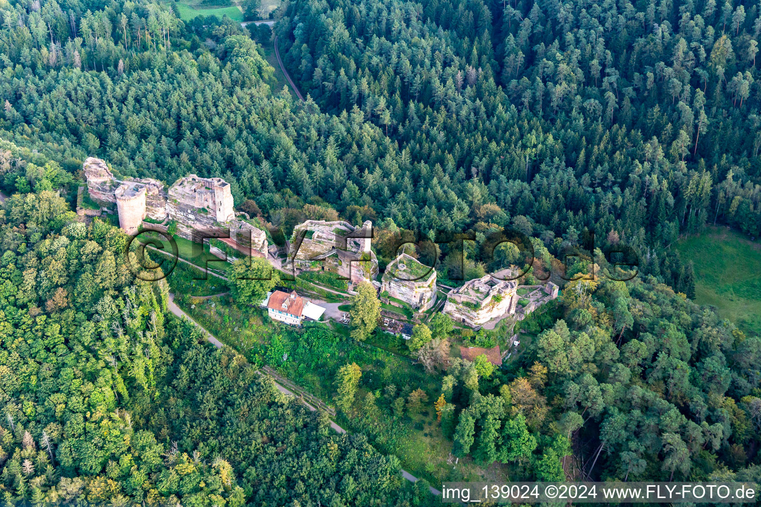 Altdahn castle massif with the castle ruins of Grafendahn and Tanstein in Dahn in the state Rhineland-Palatinate, Germany out of the air