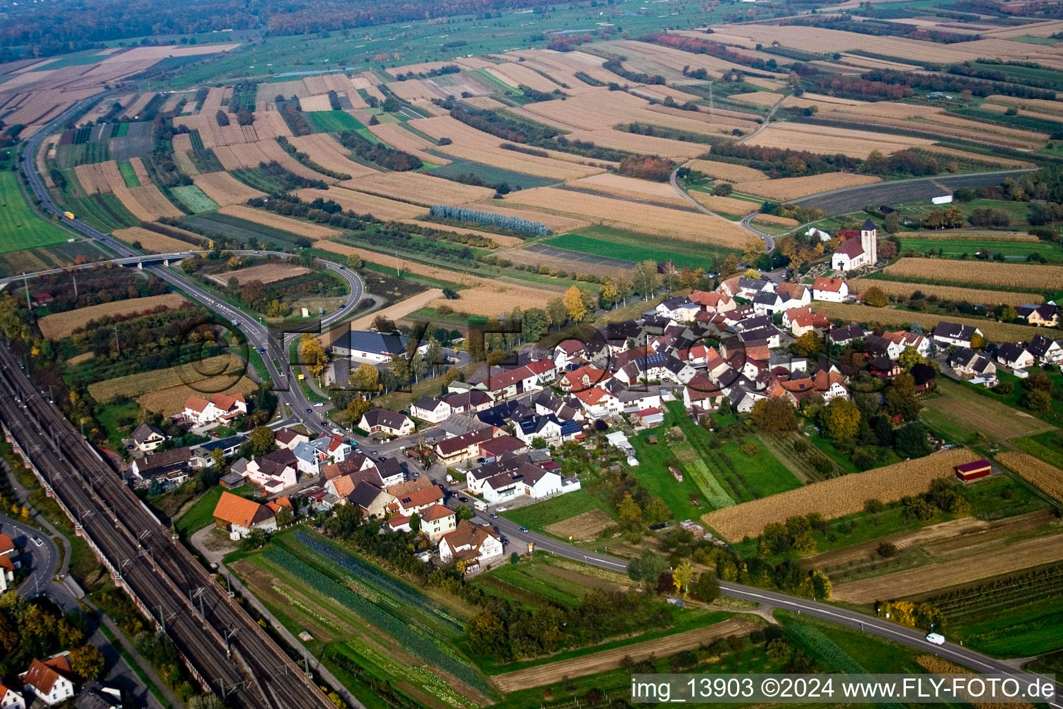 Village - view on the edge of agricultural fields and farmland in the district Zimmern in Appenweier in the state Baden-Wurttemberg