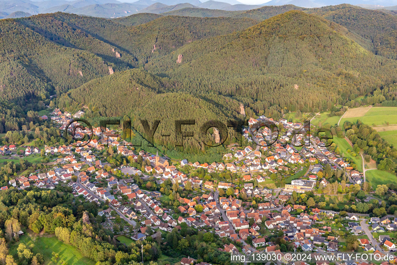 Aerial view of Climbing paradise Wasgau in Erfweiler in the state Rhineland-Palatinate, Germany